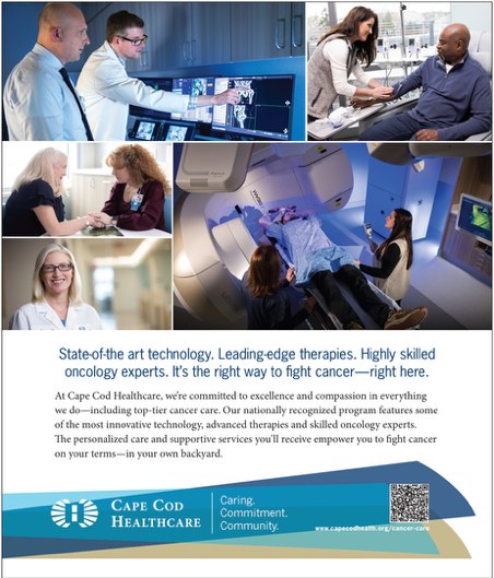 Cape Cod Healthcare print ad focused on oncology, headlined state-of-the-art technology and leading-edge therapies.