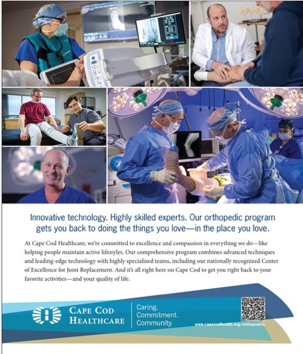 Cape Cod Healthcare print ad focused on the orthopedic program, showing surgical and rehabilitation imagery.