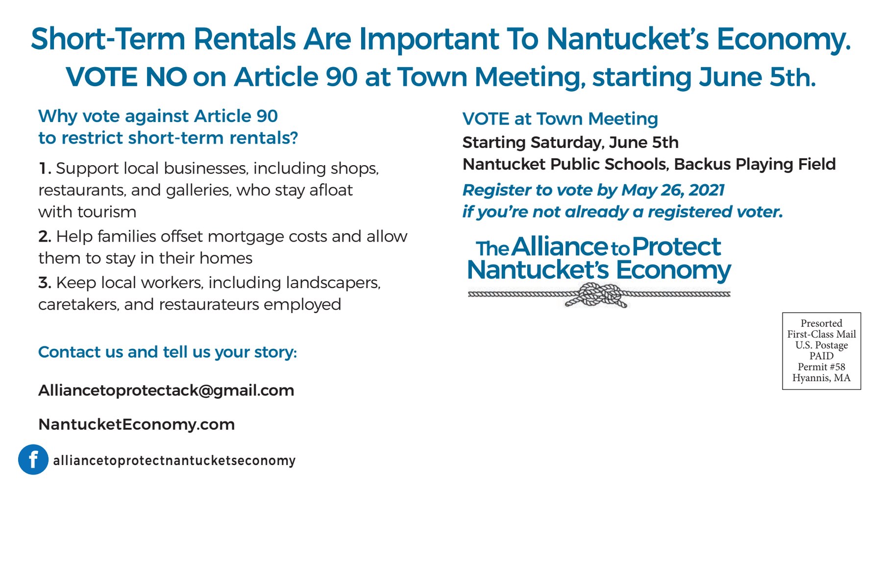 Mailer back: three reasons to vote against Article 90, Town Meeting details, and Alliance contact information.
