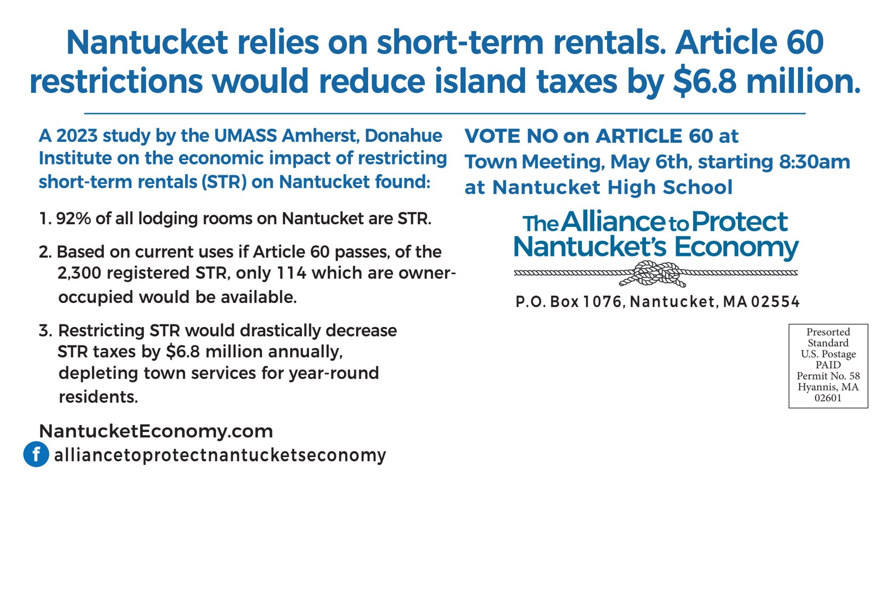 Mailer back: headline stating Article 60 restrictions would reduce island taxes by 6.8 million dollars, with study findings.