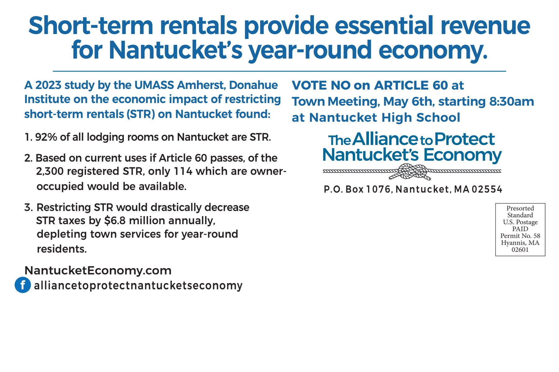 Mailer back: 2023 UMass Amherst Donahue Institute findings on restricting short-term rentals, with Town Meeting details for Article 60.