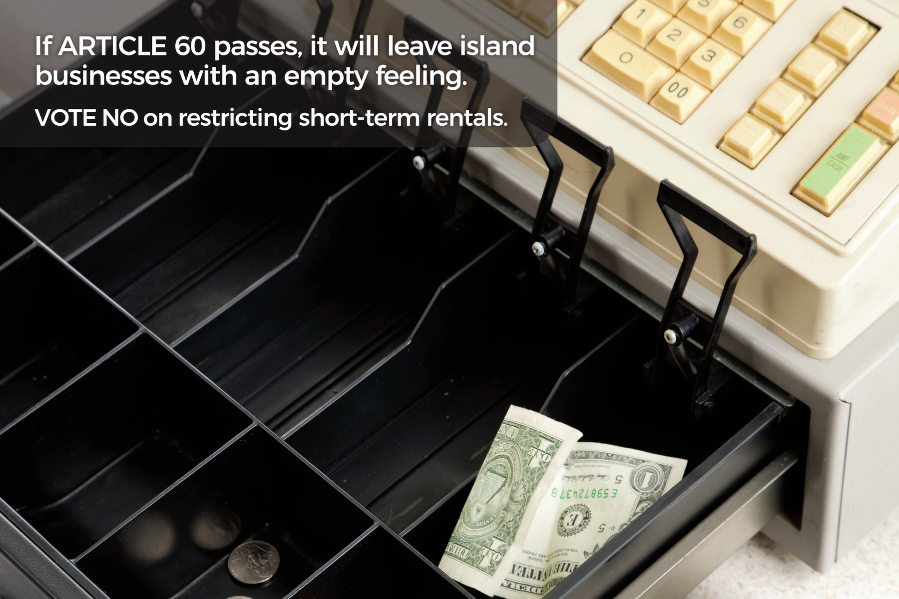 Mailer front: an open cash register drawer holding only two dollar bills and a few coins.