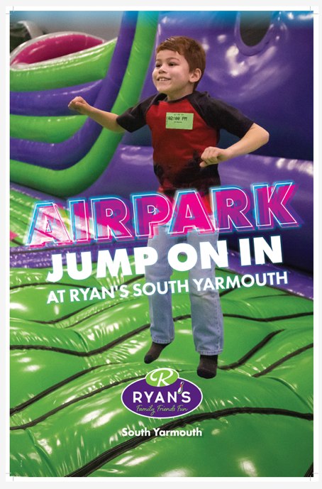 Sign reading Airpark, Jump On In at Ryan's South Yarmouth, showing a child jumping.
