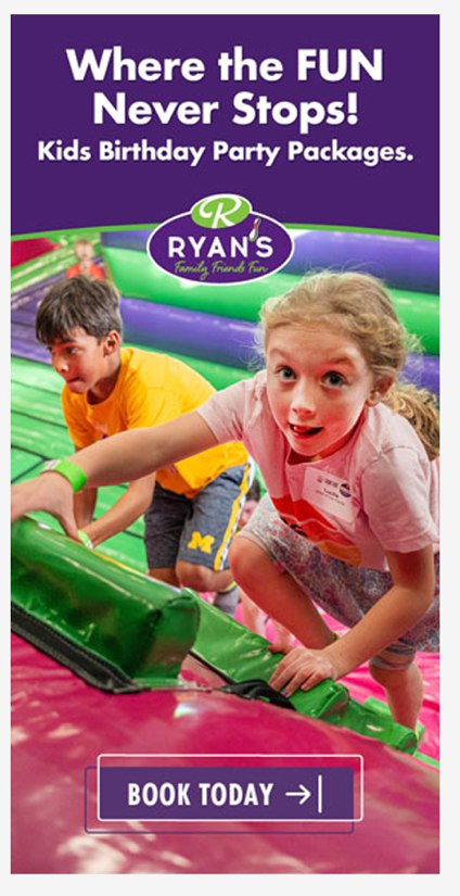 Vertical digital ad reading Where the FUN Never Stops, Kids Birthday Party Packages, Book Today.