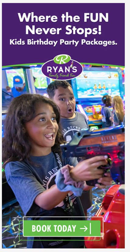 Vertical digital ad with children in an arcade and a Book Today button.