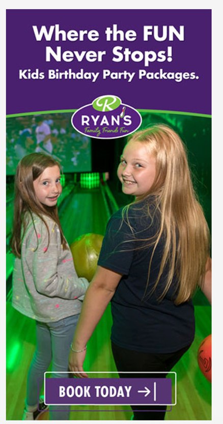 Vertical digital ad with two older children and a Book Today button.