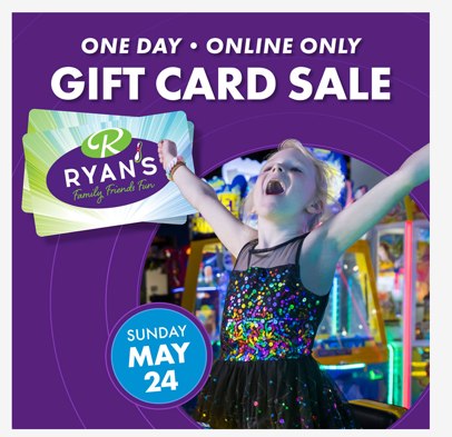 Square digital ad reading One Day Online Only Gift Card Sale, Sunday May 24.