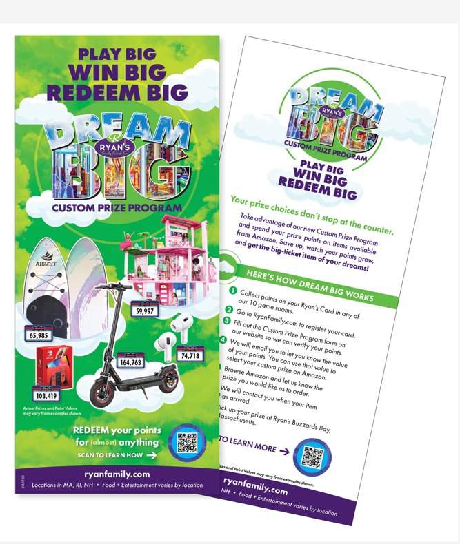 Dream Big rack card front and back showing the custom prize program and redemption instructions.