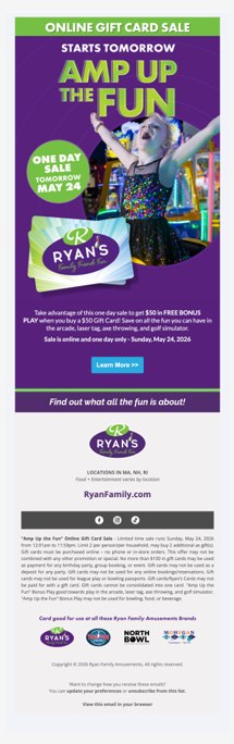 Full-length view of the Ryan Family Amusements promotional email template.
