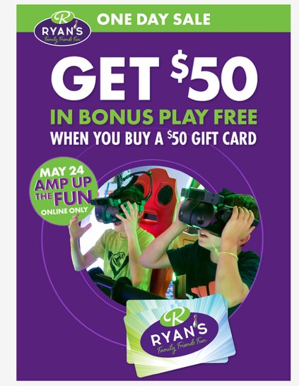 Email graphic reading One Day Sale, Get $50 in bonus play free when you buy a $50 gift card.