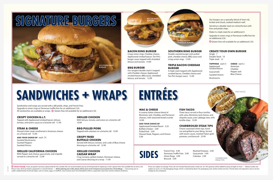 Menu page showing signature burgers, sandwiches, wraps, entrees and sides.