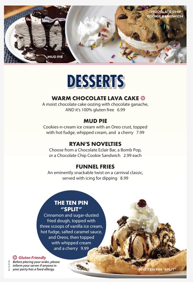Dessert menu featuring chocolate lava cake, mud pie, funnel fries and the Ten Pin Split.
