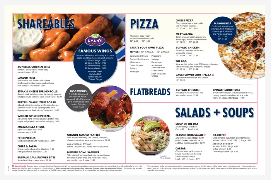Menu page showing shareables, pizza, flatbreads, salads and soups with circular food photography.
