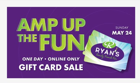 Monitor graphic reading Amp Up the Fun, Sunday May 24, one day online only gift card sale.