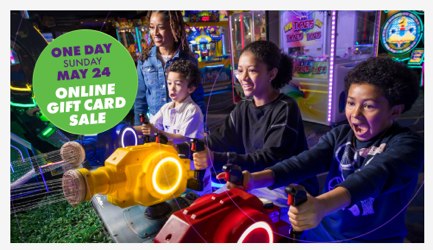 Monitor graphic reading One Day Sunday May 24 Online Gift Card Sale over an arcade photo.