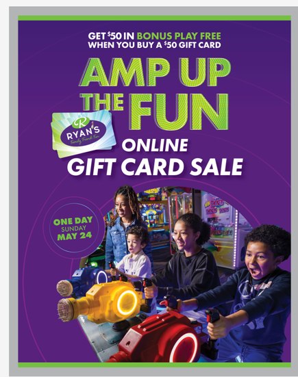 Poster reading Get $50 in bonus play free, Amp Up the Fun, Online Gift Card Sale.