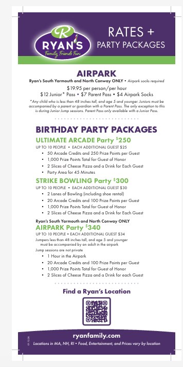 Rates rack card back listing Airpark pricing and birthday party packages.