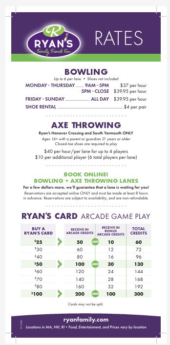 Rates rack card front listing bowling, axe throwing and arcade game play pricing.
