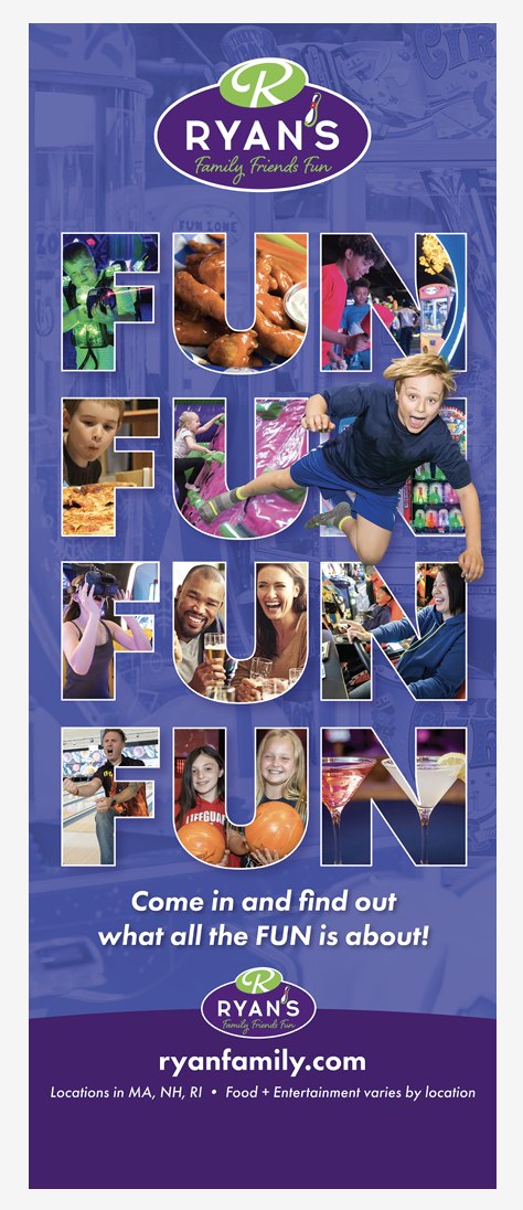 Tall trade show banner with a mosaic of arcade and bowling photography and the Ryan's logo.