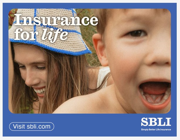 SBLI transit ad reading Insurance for life with a child in a crocheted hat laughing.