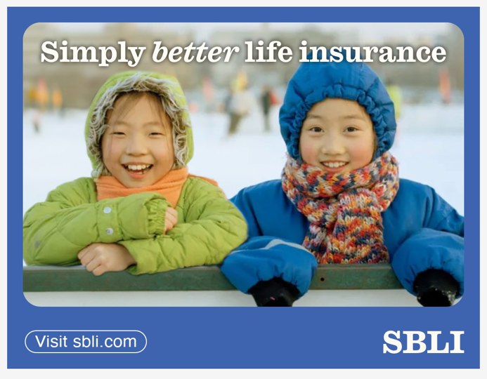 SBLI transit ad reading Simply better life insurance with two children in winter coats on a bench.