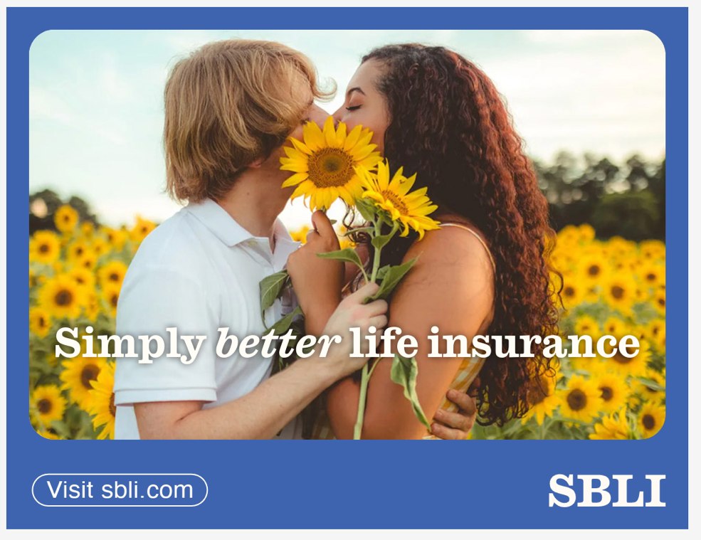 SBLI transit ad reading Simply better life insurance with a couple in a sunflower field.